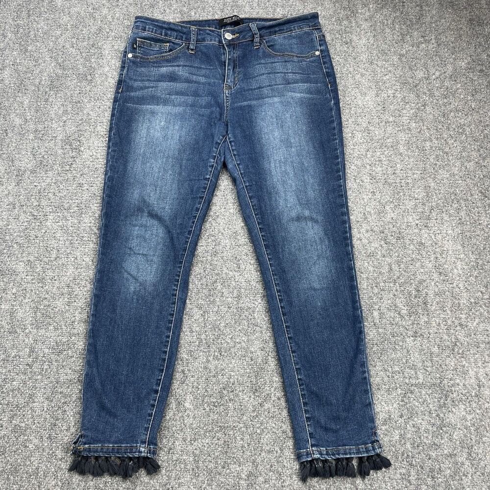 Judy Blue Jeans Womens 13/31 Skinny Fit Blue Denim Tasseled Hem Cropped Stretch